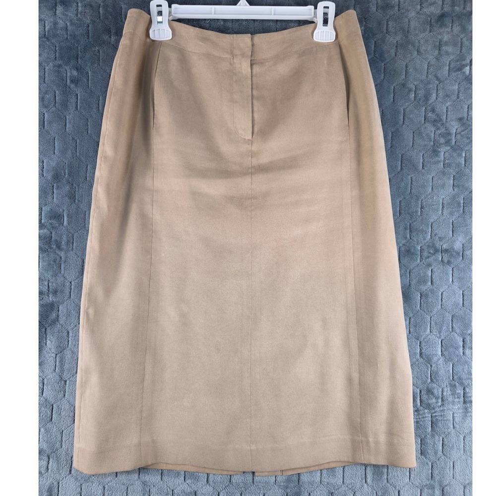 Talbots Tan Faux Suede Midi Skirt Size 10 Lined Straight Back Vent Career Tan